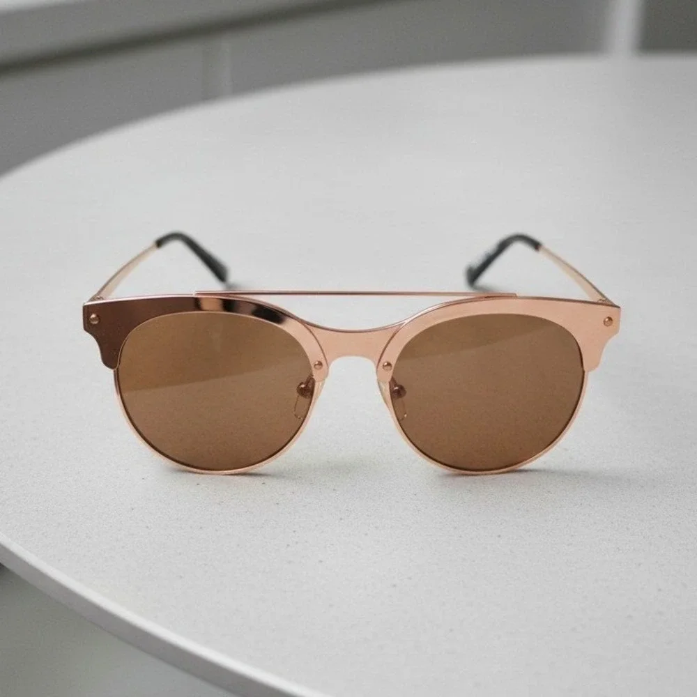 Donna Rose Gold Double Bridge Round Sunglasses DN358 Brown Tint Glitter Detail